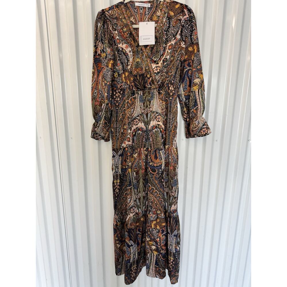 Anany Womens Printed Long Sleeve Maxi Dress Small